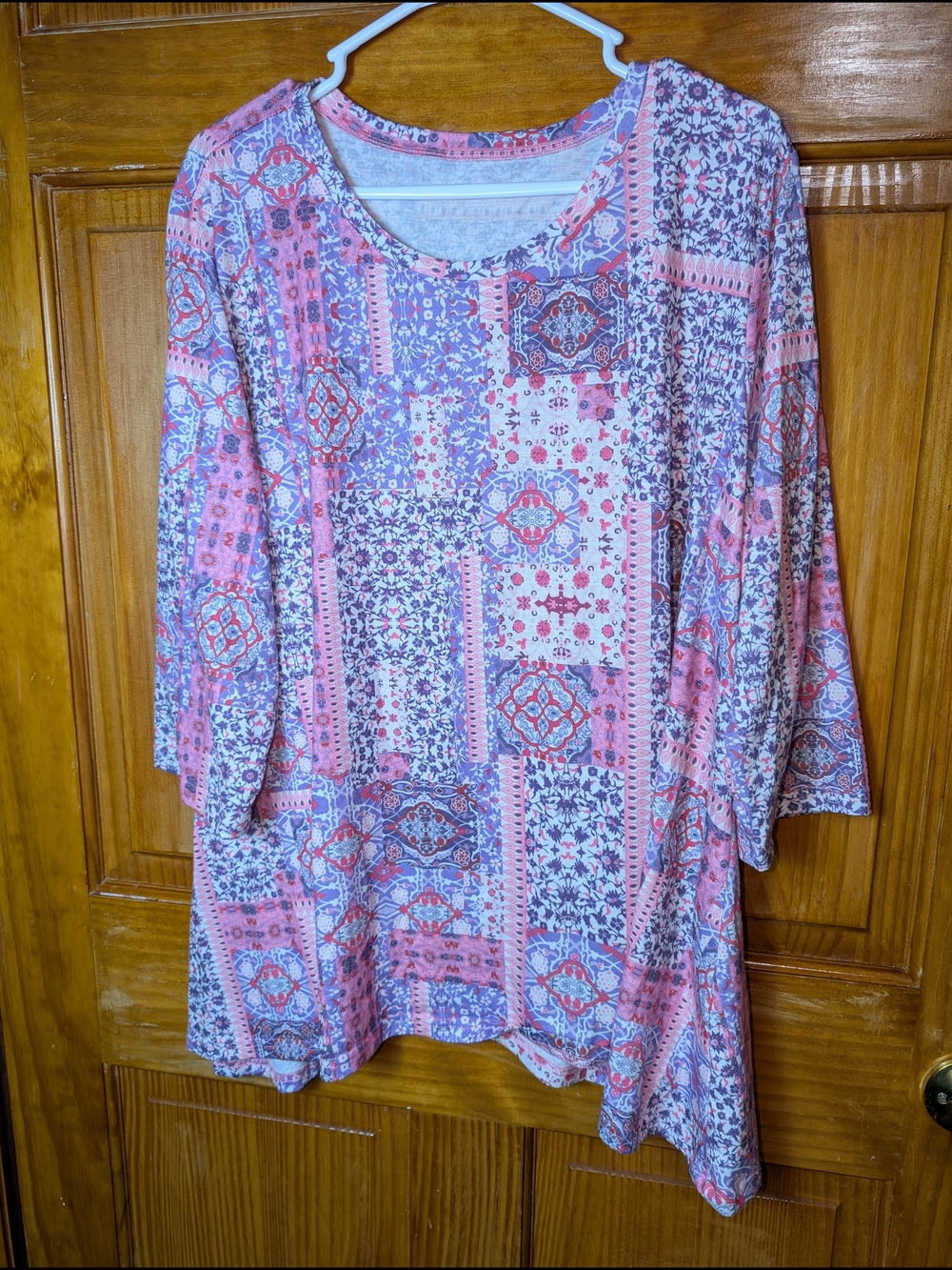 Women's Pink Patchwork Print Scoop Neck Top